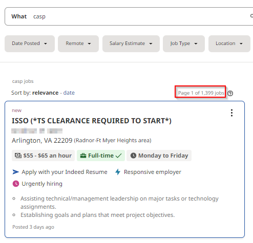 Indeed CASP Job Posting
