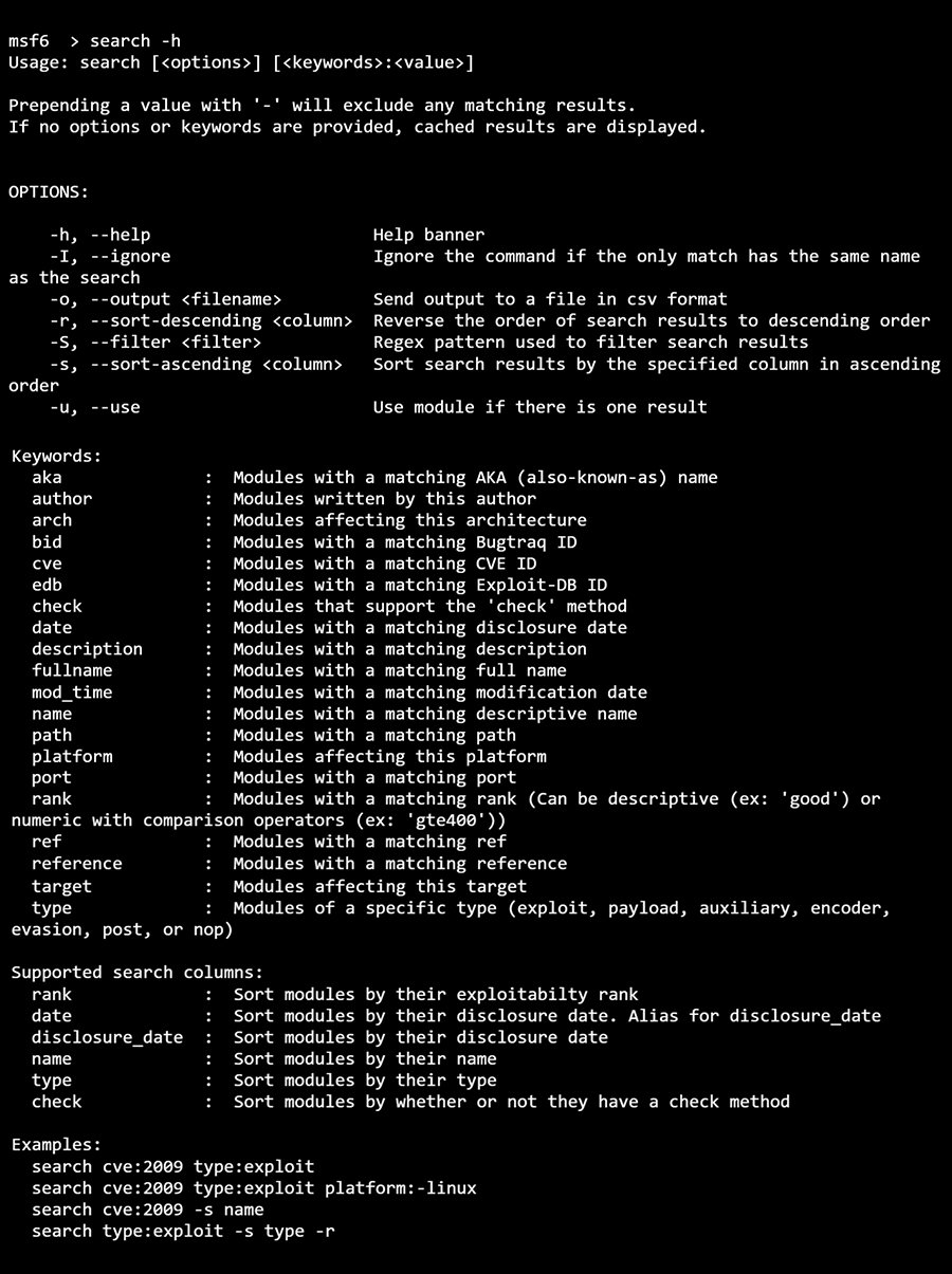 Search -h Terminal Console Output