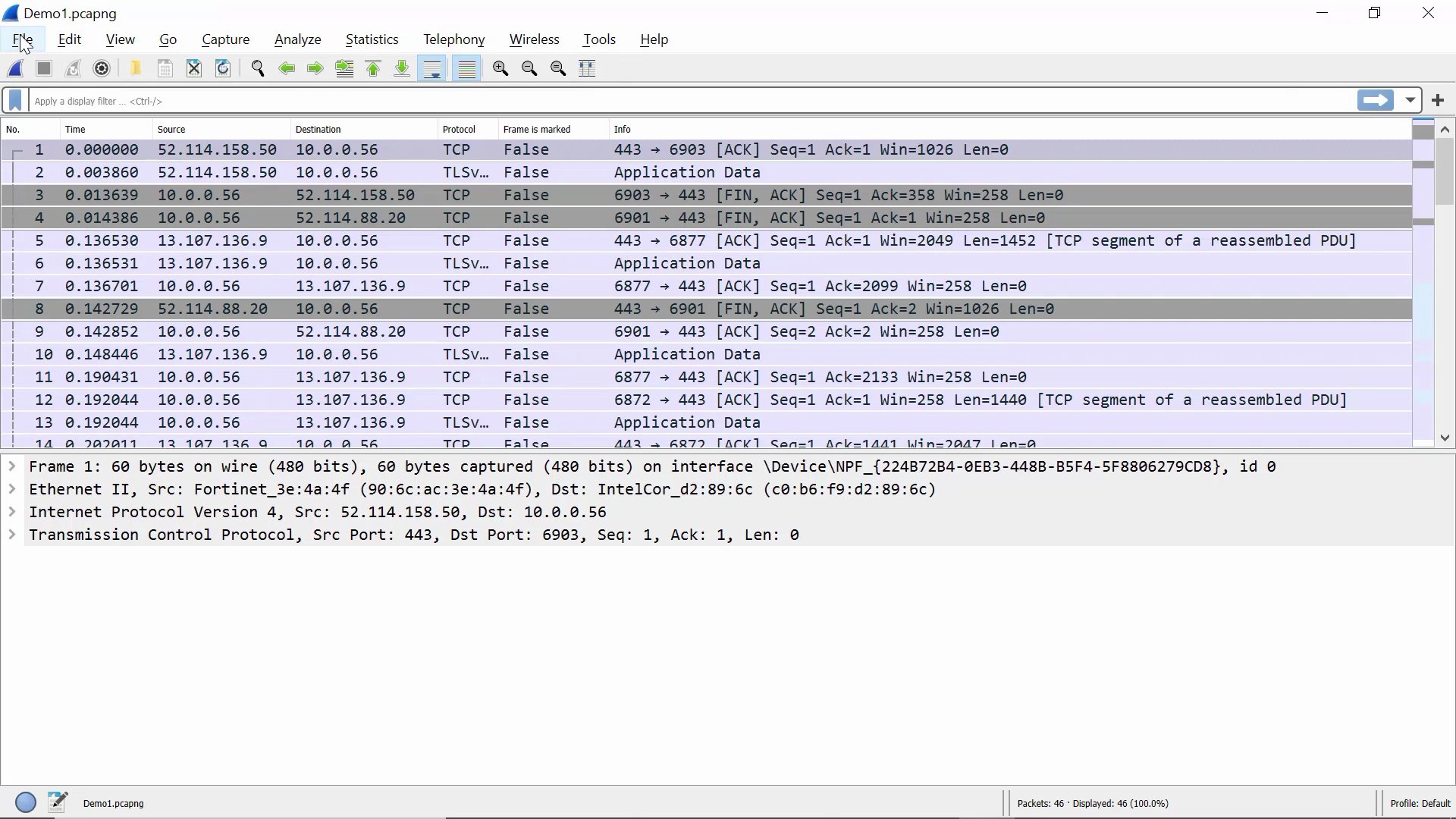 The Wireshark graphical user interface (output) Wireshark packet capture dump file