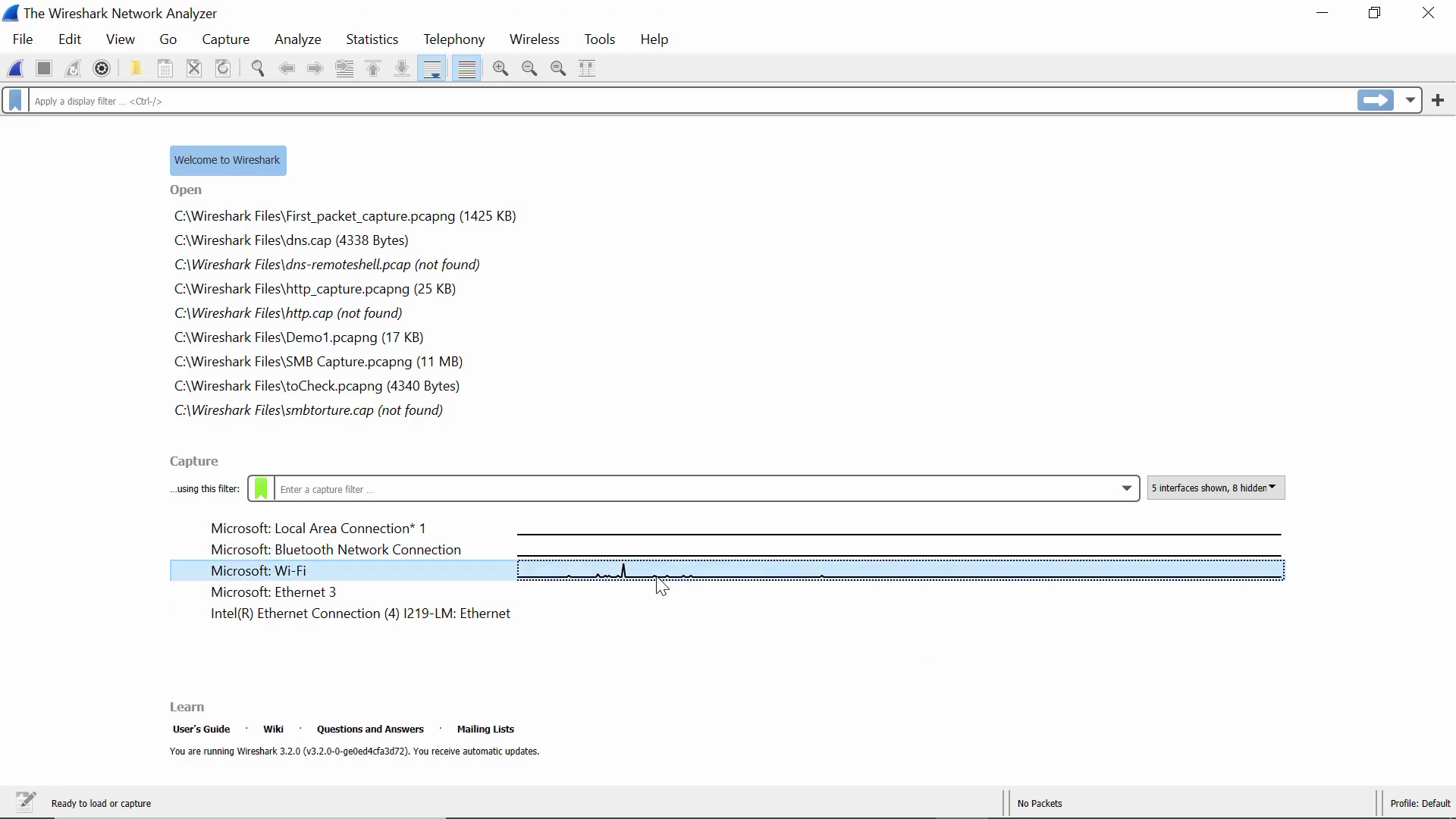 Start Wireshark capture Clicking on an active network interface