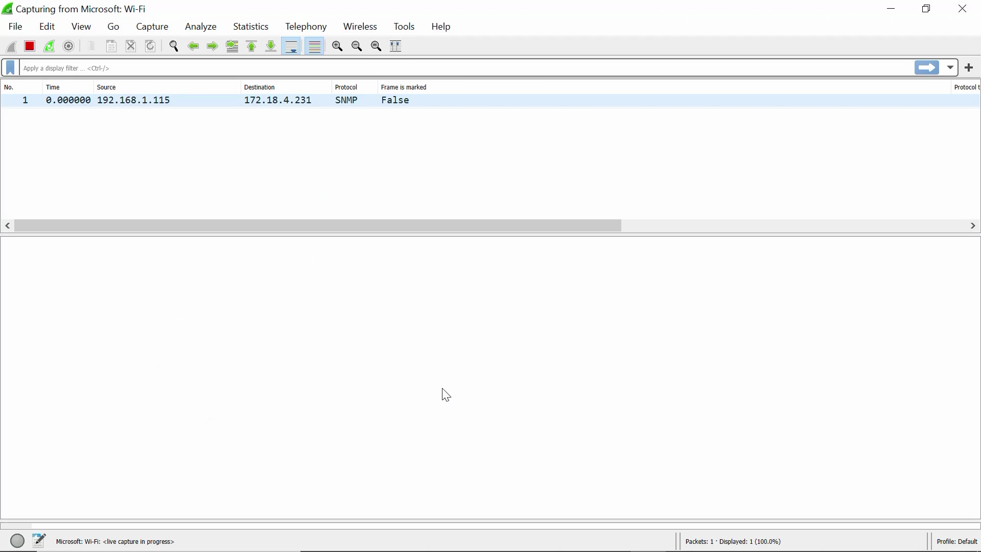 Captured first packet in a running packet capture session Packet capture begins now