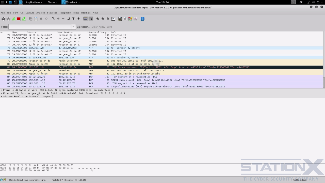 Meanwhile Wireshark receives the piped traffic from tcpdump Wireshark receives the piped traffic from tcpdump