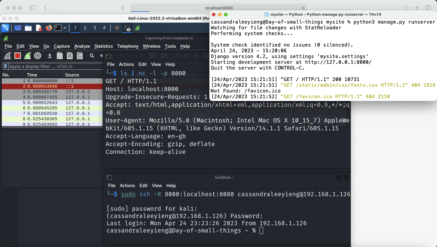 SSH piping router traffic into Wireshark Piping traffic of Django web app http127.0.0.18000 on the macOS router into the Wireshark instance on Kali Linux