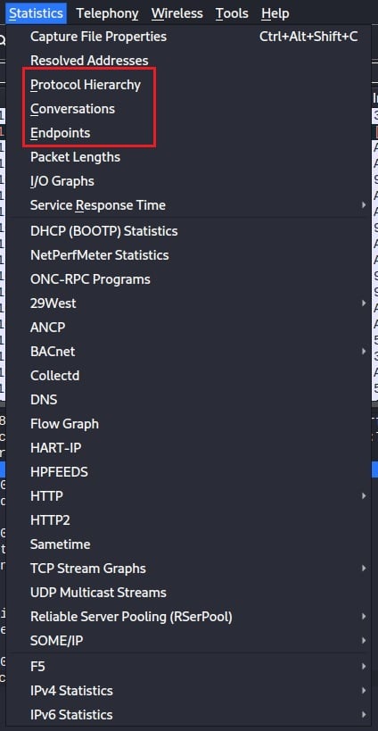 Wireshark Statistics Menu Performing statistical analysis