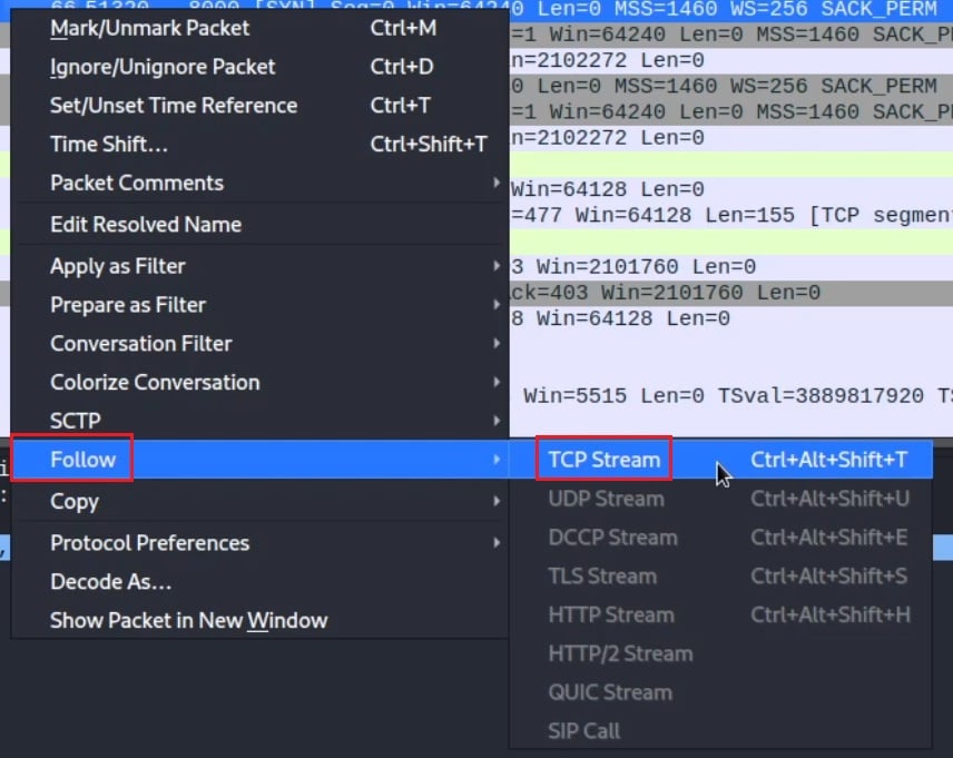 Following a TCP Stream in Wireshark Menu Option Here packet number