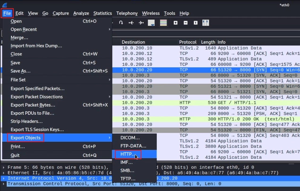 Extract Files in Wireshark Menu Option Extracting Files