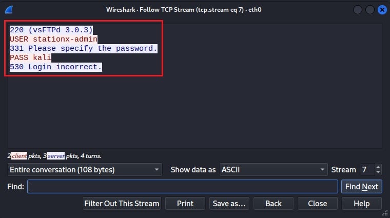 FTP Failed Login TCP Stream To determine if different passwords