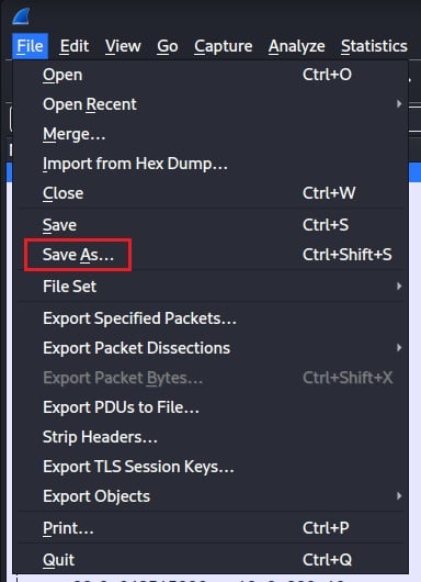 Saving a Packet Capture in Wireshark Menu To save your data into a specific file