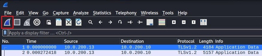 Restarting a Packet Capture in Wireshark Start Capture button