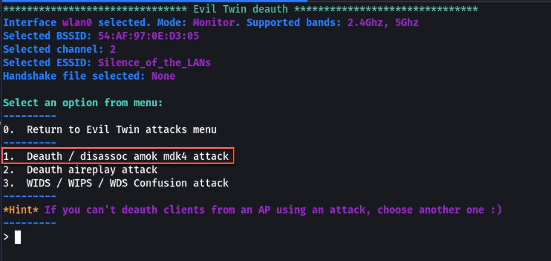 Select the deauth attack Select the deauth attack