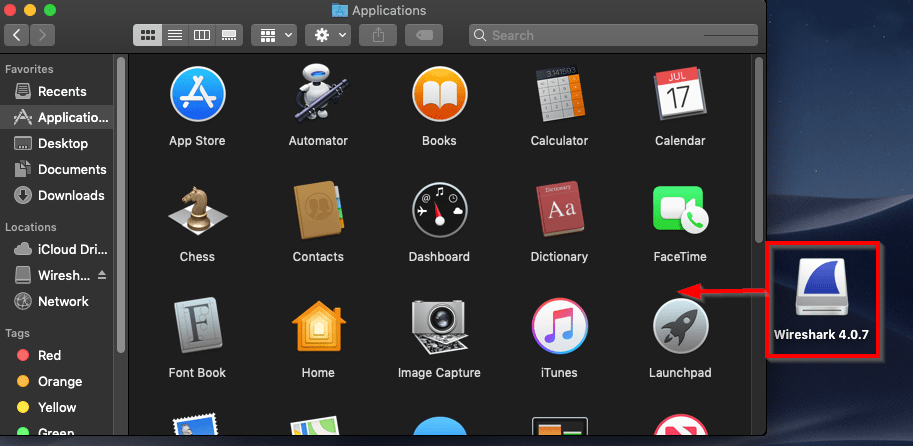 Next, drag the Wireshark application bundle from the Desktop to the Applications folder