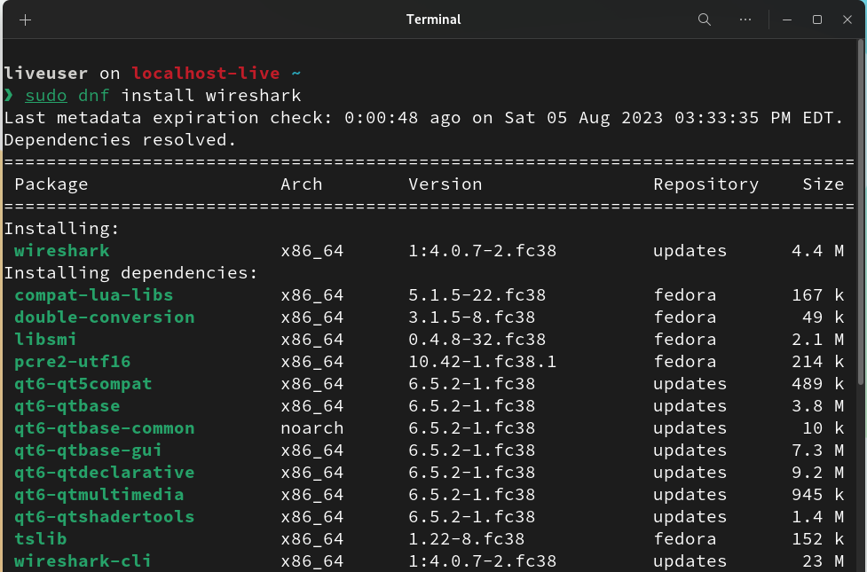 Following command to install Wireshark and all the necessary dependencies