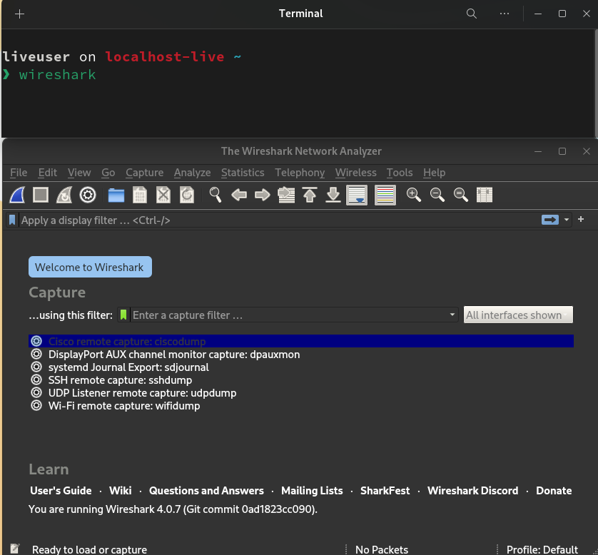 Simply enter wireshark in the terminal