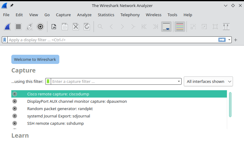 Enter wireshark in the terminal to load Wireshark