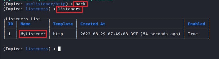 Showing Active PowerShell Empire Listeners