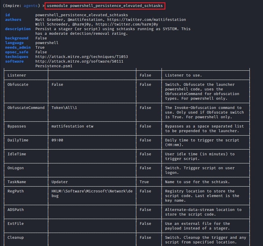Using the powershell_persistence_elevated_schtasks Module