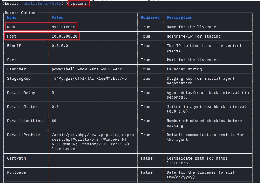 Inspecting PowerShell Empire http Listener Options