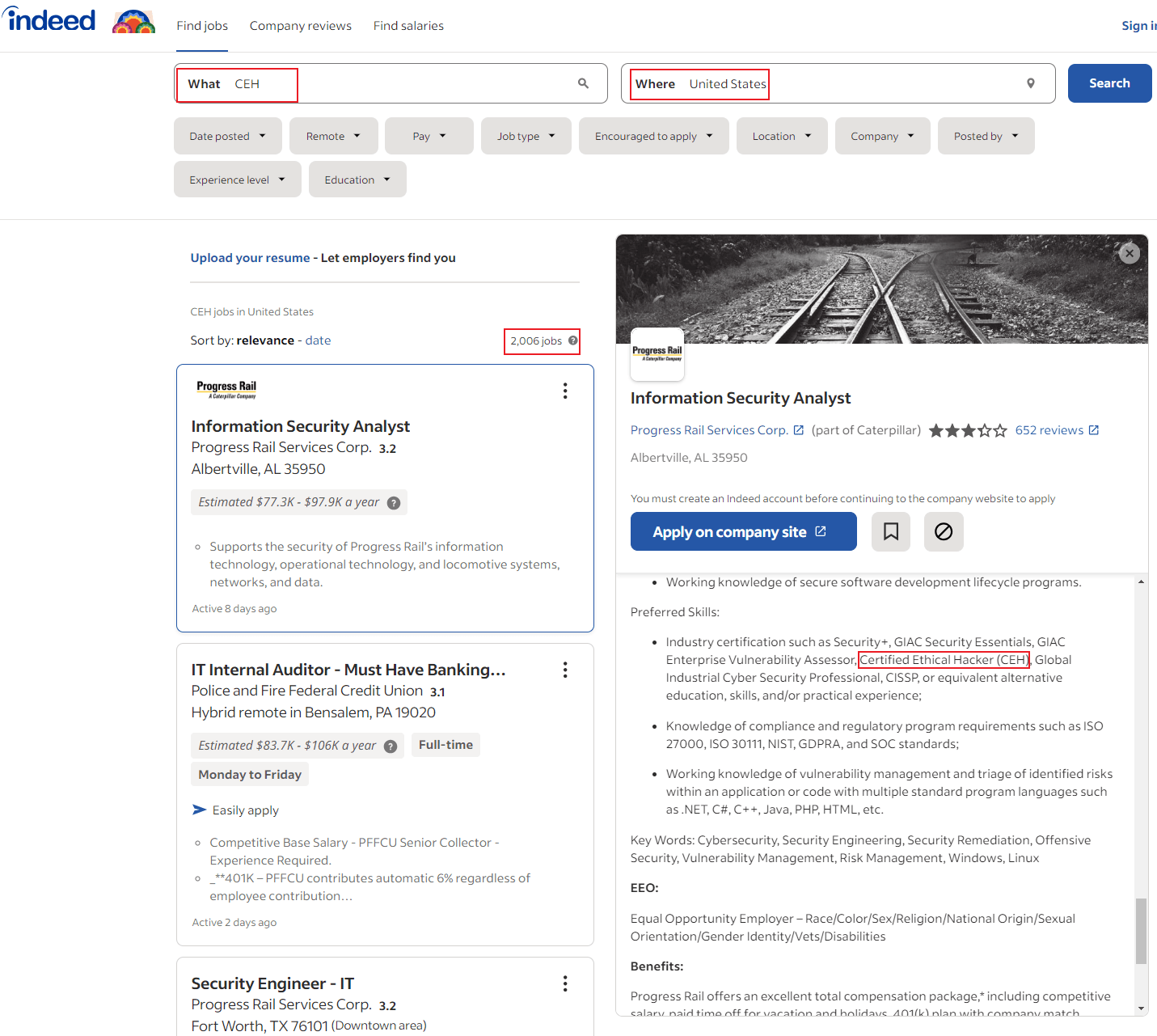 Indeed Jobs Requesting CEH