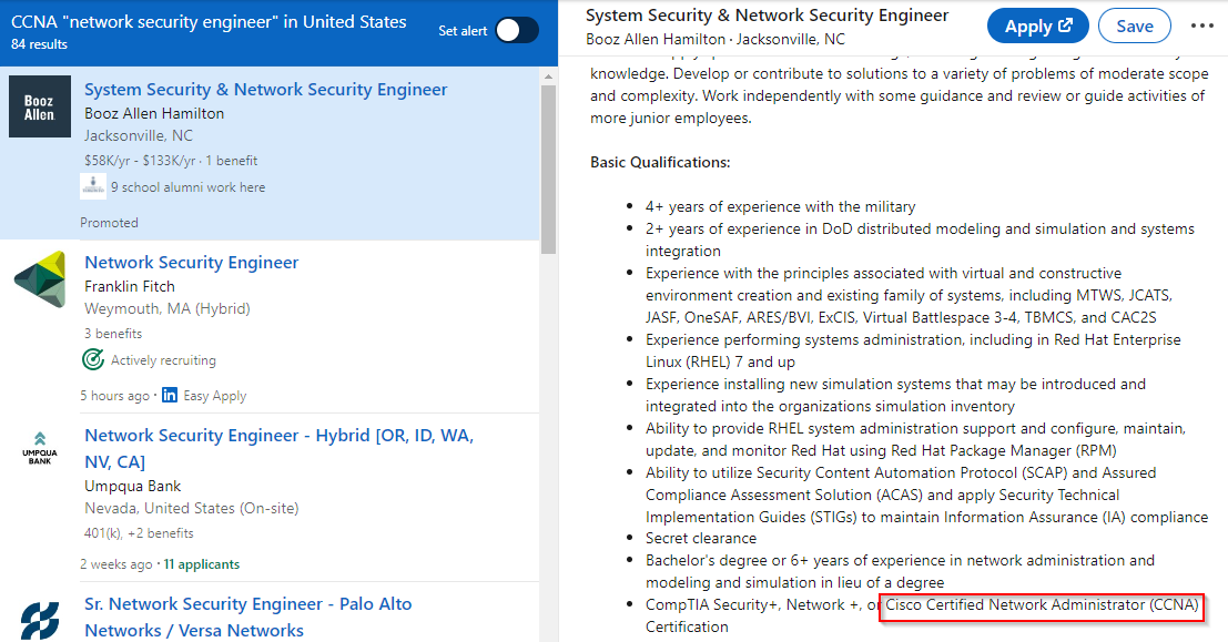 LinkedIn Network Security Engineer CCNA postings