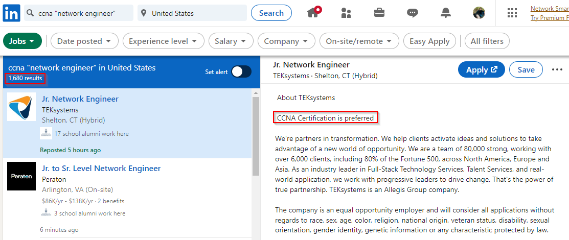 Indeed CCNA Network Engineer listings