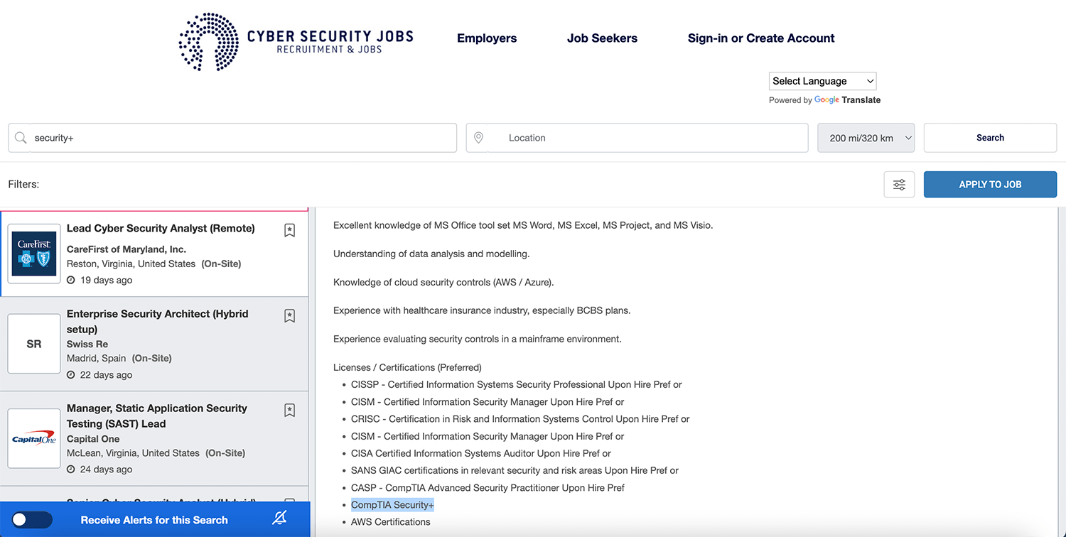 Example of a job listing with Security+ in it