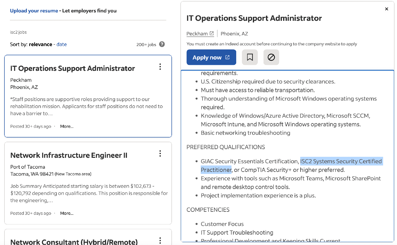 An Indeed job ad mentioning ISC2 SSCP