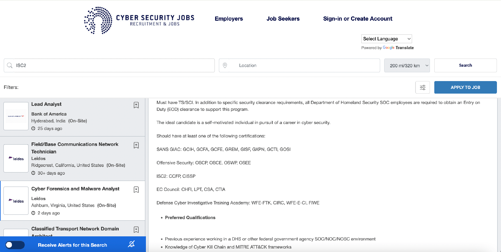ISC2 search results on CyberSecurityJobs
