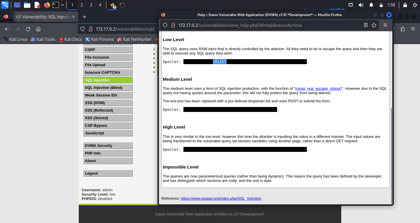 All four DVWA levels for SQLi with a partially highlighted spoiler