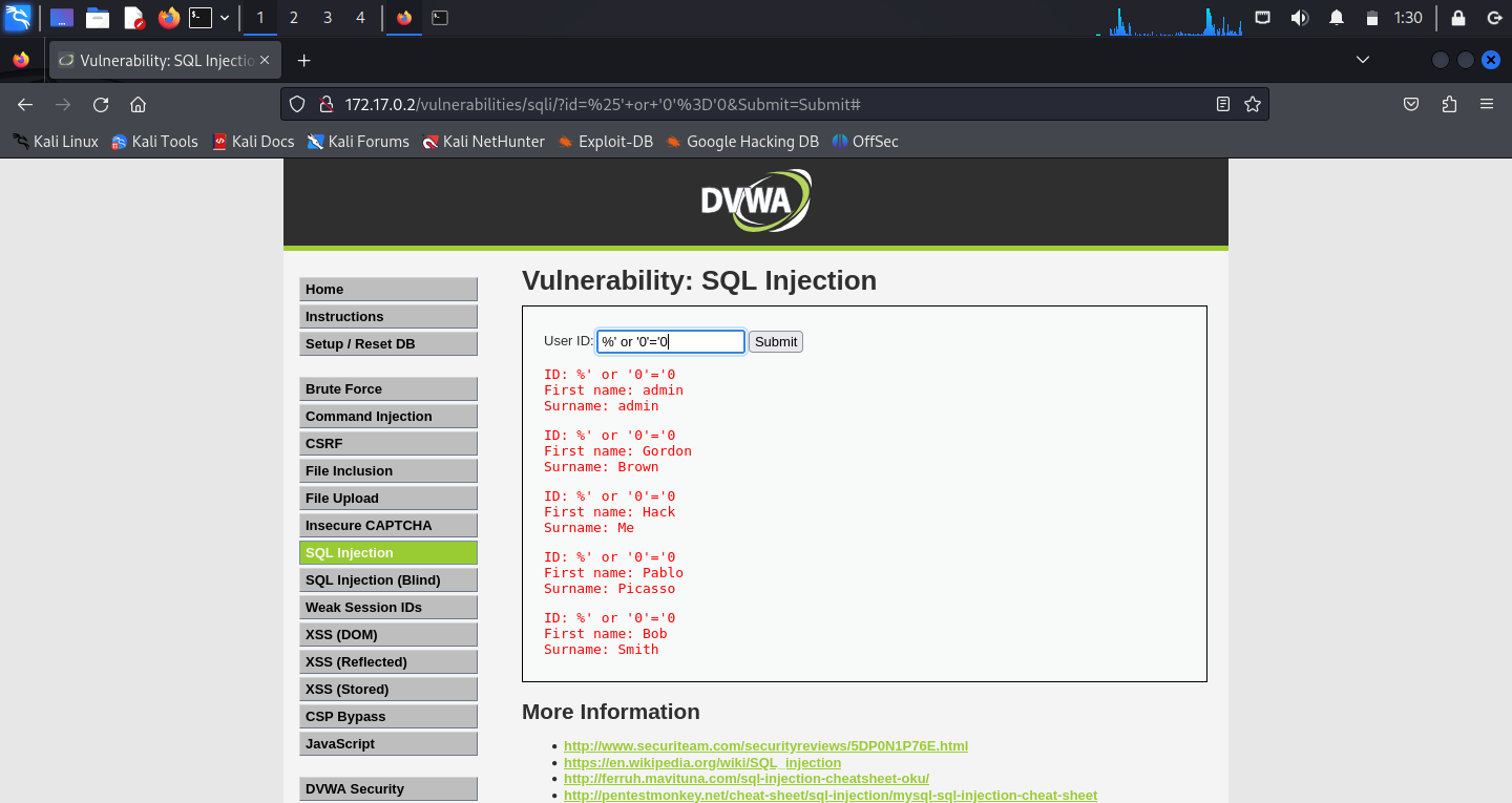Adding a tautology to the SQL query string escapes the ID query