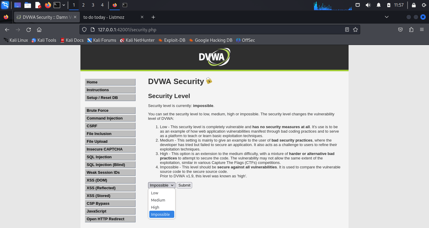 DVWA Security settings