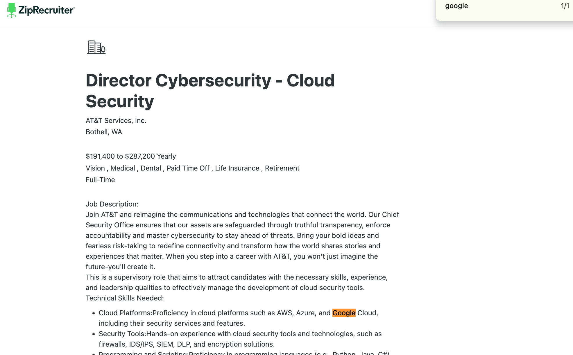 ZipRecruiter job listing for Director of Cybersecurity at AT&T mentions Google Cloud as a required skill.
