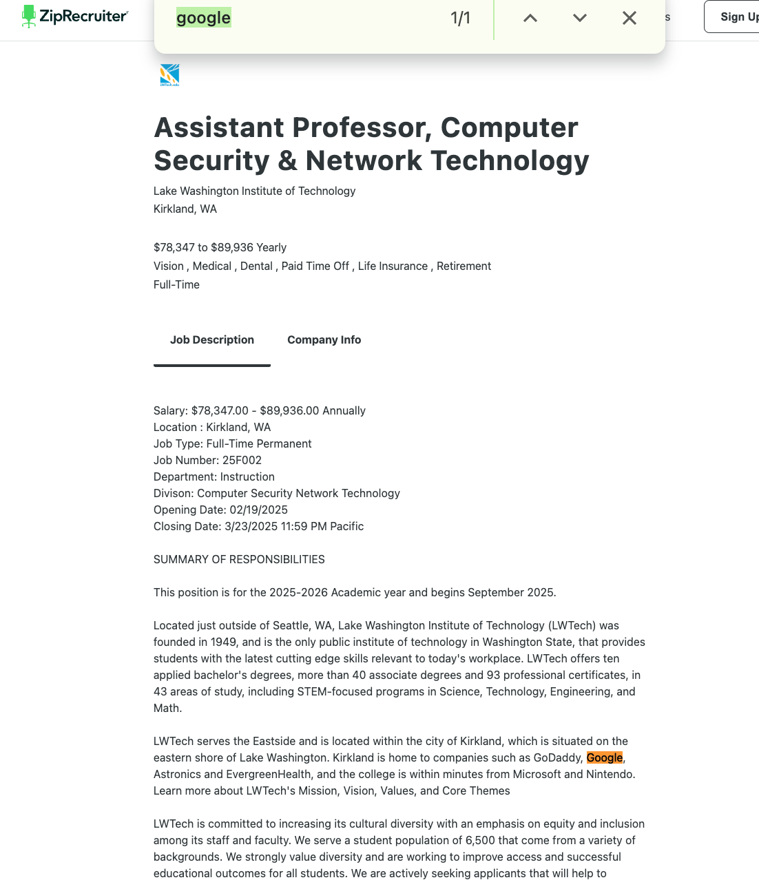 ZipRecruiter listing for Assistant Professor role mentions Google as a nearby company, not in relation to a Google cybersecurity certificate.