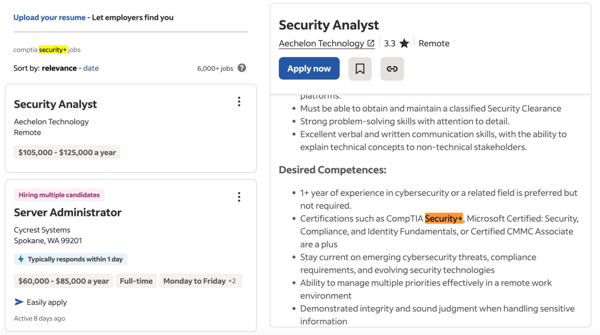 Screenshot of Security+ job listings on Indeed, highlighting roles like Security Analyst and Server Administrator.