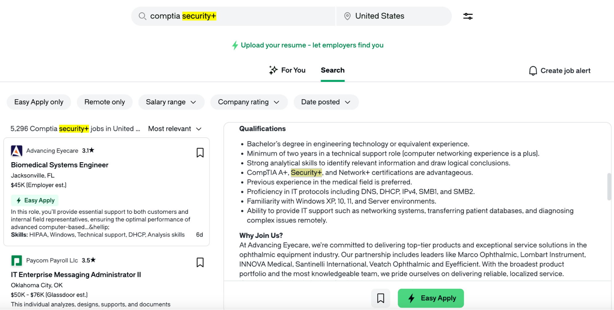 Screenshot of Glassdoor search results showing over 5,000 CompTIA Security+ job listings, including roles like Biomedical Systems Engineer.