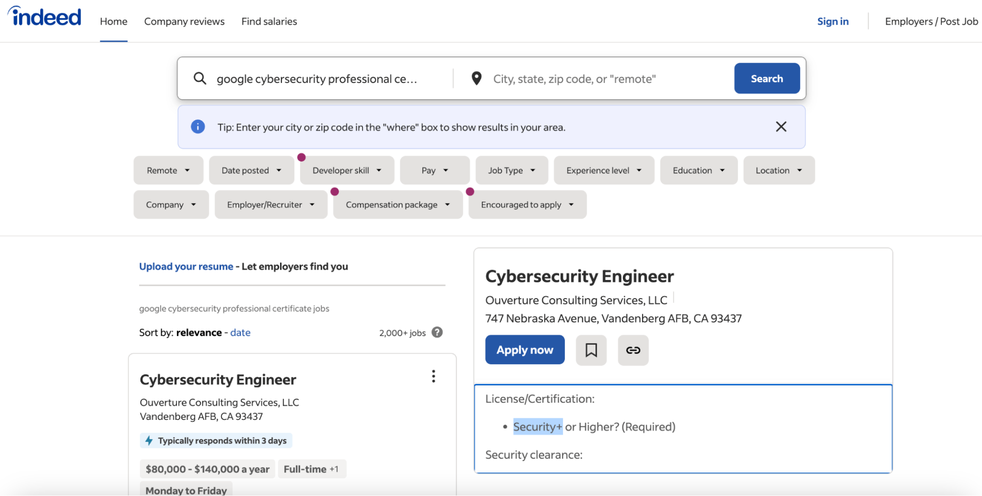 Indeed job listing showing a Cybersecurity Engineer role that requires a Security+ certification.
