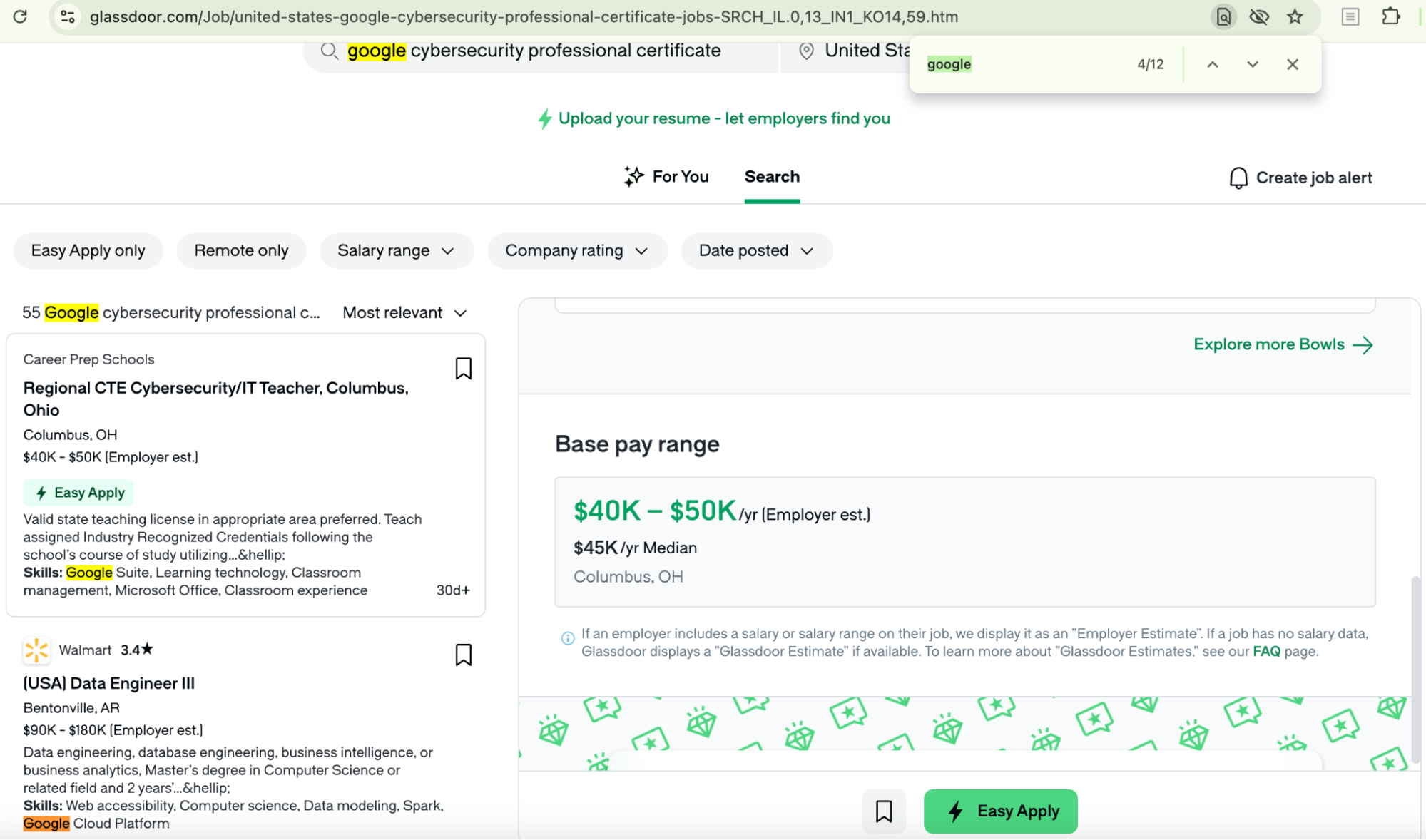 Glassdoor job listings for the Google Cybersecurity Certificate mostly mention Google Suite or Cloud, not the cert itself.