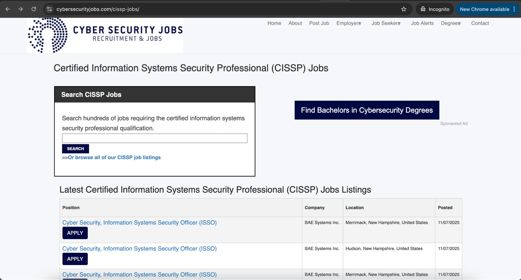 CyberSecurityJobs has a special page for CISSP jobs